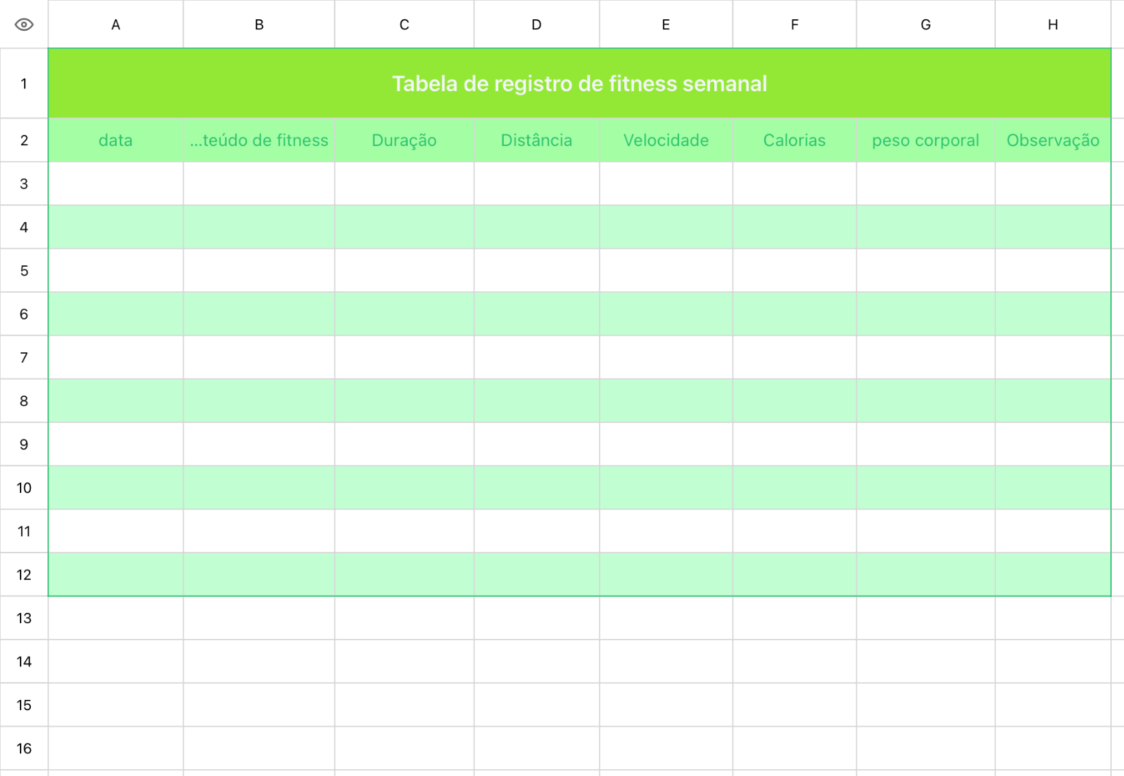 Tabela de registro de fitness semanal